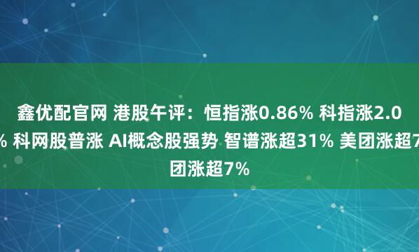 鑫优配官网 港股午评：恒指涨0.86% 科指涨2.08% 科网股普涨 AI概念股强势 智谱涨超31% 美团涨超7%